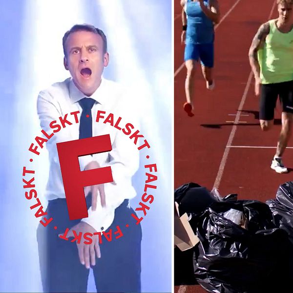 Till vänster: En deepfake av en dansande Macron, i mitten: löpare hoppar över sopor på banan, till höger: en simmare hämtar andan i en smutsig flod