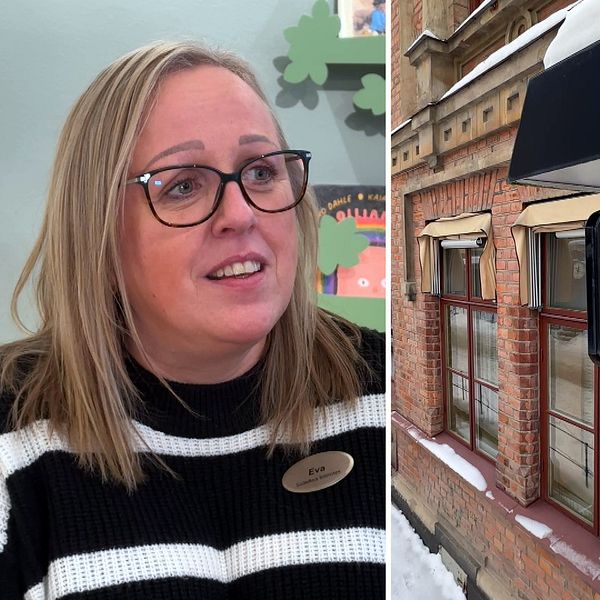 Bibliotekschefen i Sollefteå, Eva Mårtensson och en bild på biblioteksskylten som sitter på fasaden till biblioteket i Sollefteå.