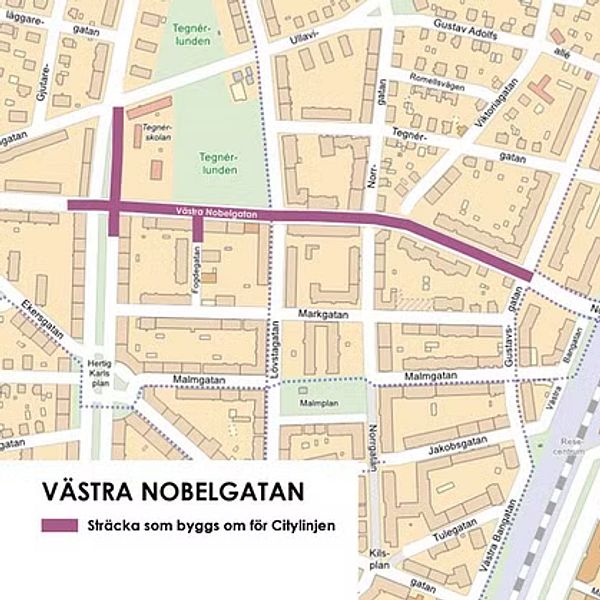 Karta över Västra Nobelgatan, som visar det avsnitt som byggs om för Citylinjen. Den lila linjen markerar den aktuella byggsträckningen, omgiven av en detaljerad stadsplan som inkluderar gator och byggnader.