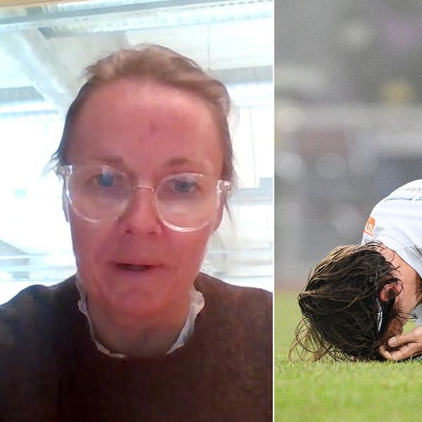 Delad bild. Till höger: en fotbollsspelare ligger ner på planen. Till vänster, en porträttbild av en kvinna