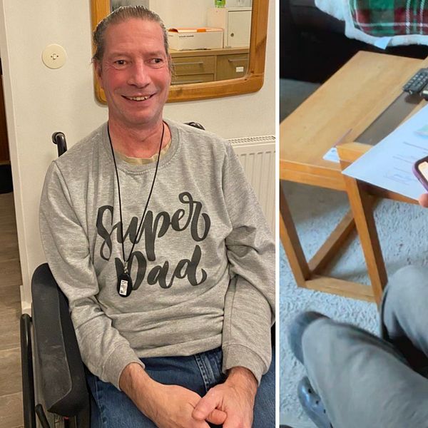 Michael Olsson visar mobilskärmen efter bedrägeriet, med insamling i bakgrunden
