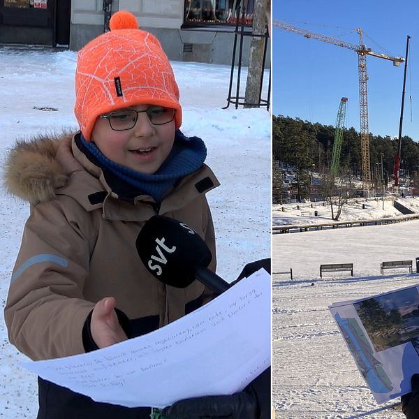 Ett barn pekar på en bild och reporter blickar ut över Slussholmen.