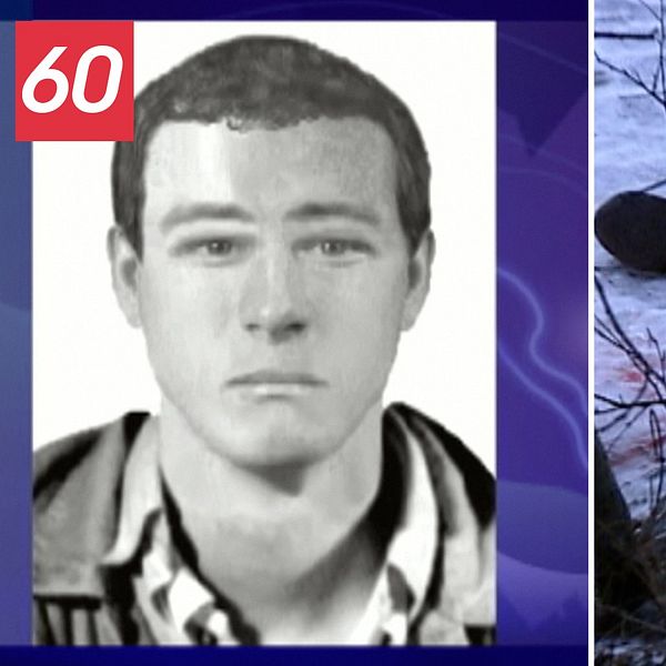 en profilbild från polisen av den misstänkte Hagamannen, och en bild på snöig mark med blodspår efter ett kvinnoöverfall i Umeå