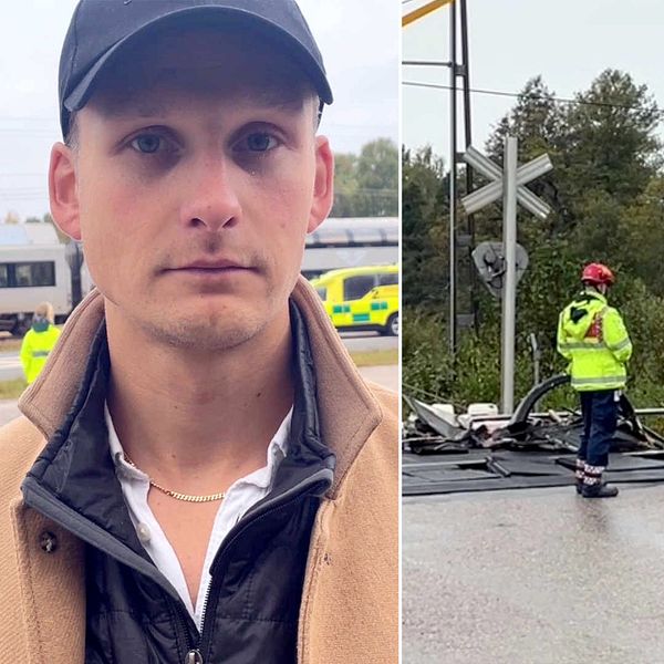 En delad bild som visar en olycksplats vid en järnvägskorsning. Till vänster syns en person som är delvis skymd, medan höger sida visar två räddningspersonal i skyddskläder som arbetar vid en skadad bil på vägen. I bakgrunden finns en grönskande omgivning och ett järnvägssignal med växlingsljus, vilket indikerar en olycka i närheten.