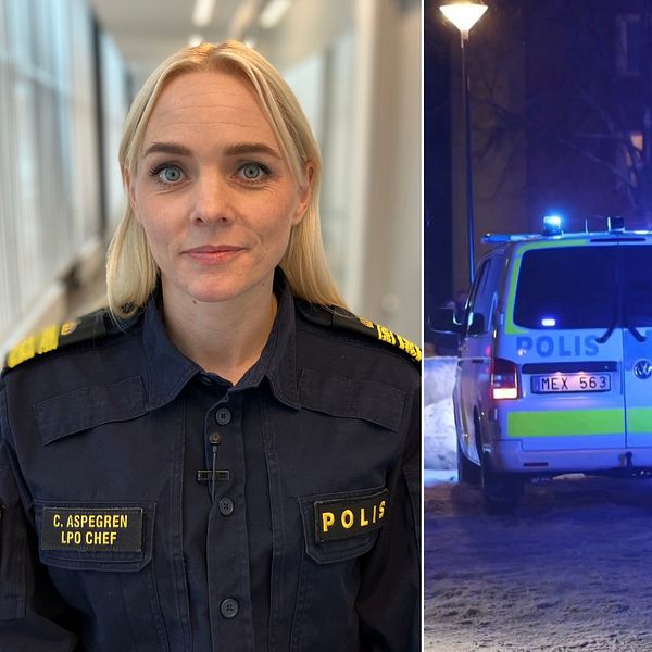 Splitbild, på ena bilden står polischef Carolina Aspegren och tittar in i kameran. På andra bilden syns två polisbilar med blåljus på
