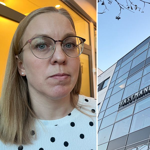 En ung kvinna i glasögon. Vy över Västmanlands tingsrätt.