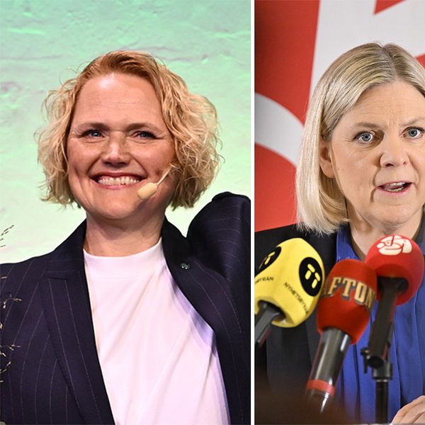 Tredelad bild. Till vänster Anna-Karin Hatt (C), i mitten Magdalena Andersson (S) och till höger Fredrik Malm (L).
