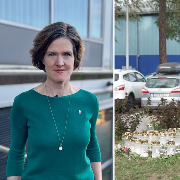 Landshövdingen Anna Kinberg Batra och en bild på gravljus intill ett träd där en ung person sköts till döds vid Mälarhöjdens IP.