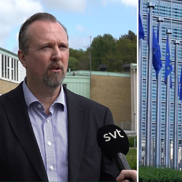 Migrationsverkets center i Sagåsen och EU-flaggor utanför EU-kommissionen.