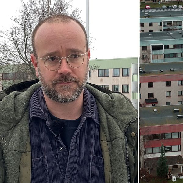 Tvådelad bild på kommunstyrelsens ordförande i Borlänge, Erik Nises, som står utomhus i en grön jacka. Och en del av bostadsområdet Tjärna ängar fotat ovanifrån.