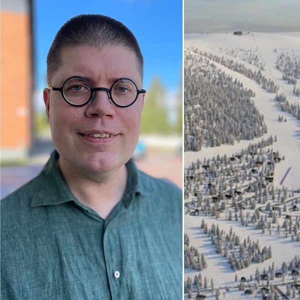 En splitbild med Lars-Gunnar Nordlander till vänster och en skiss på skidorten Björnrike Syd till höger