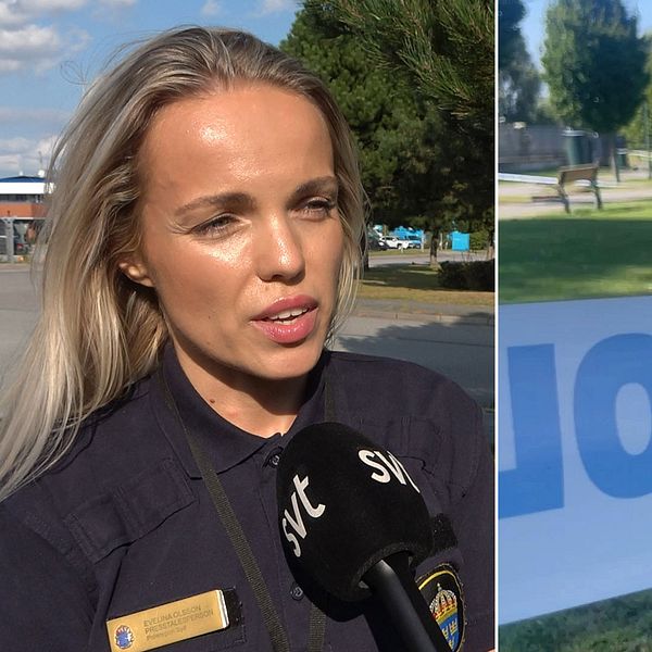 Evelina Olsson med SVT mic till vänster, polisband och poliser på en gräsmatta till höger