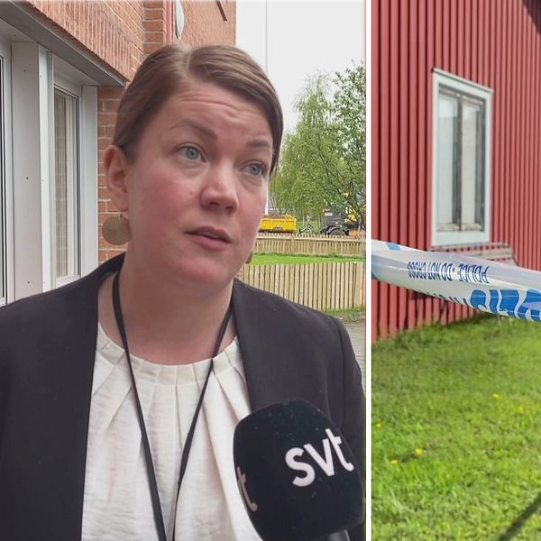 Bild på åklagare  Kristin Andersson och ett hus där man ser polisens avspärrningsband.