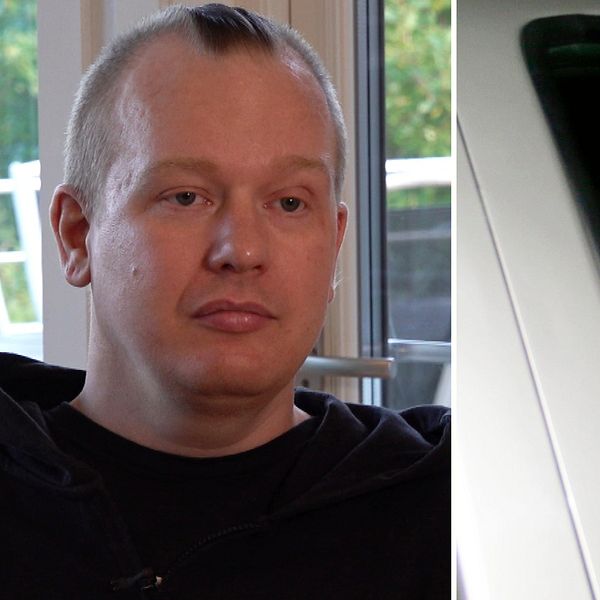 Två porträtt av en man, ett nära ansikte och ett i en spegelbild i en bil.