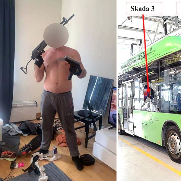 Till vänster, man poserar med vapen. Till höger buss med skottskador.