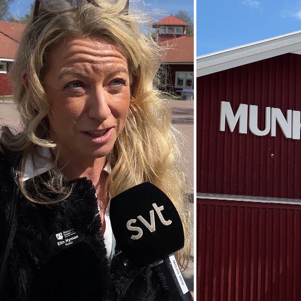 Delad bild. Till vänster: person intervjuas av SVT. Till höger: fasaden på Munkerudsskolan.
