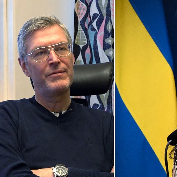 Delad bild. Till vänster Erik Lövgren (S), ordförande i föreningen Sveriges vatten-och vindkraftskommuner. Han är klädd i mörk tröja. Den högra bilden visar  Romina Pourmokhtari (L)  vid en podium med en svensk flagga i bakgrunden, klädd i en mönstrad blus.