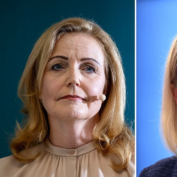 Två Centerpartiet-politiker, Christina Davidson och Emmy Ahlstedt, mot blå bakgrund