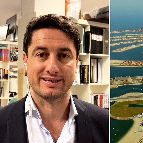 Diamant Salihu bredvid en bild från Dubai