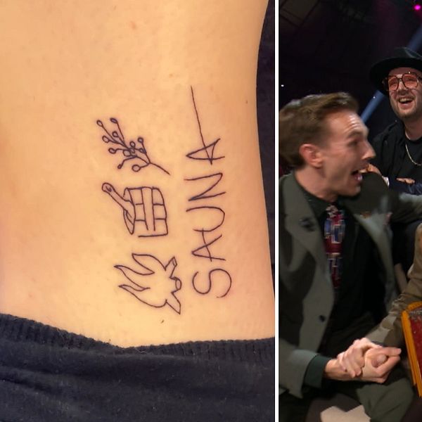bild på tatuering där det står sauna, samt KAJ