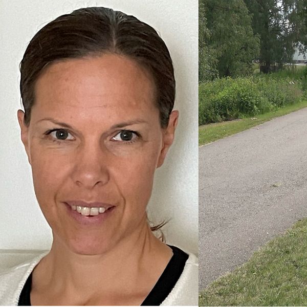 en kvinna med mörkt hår tittar in i kameran och en skylt från ett sis-hem