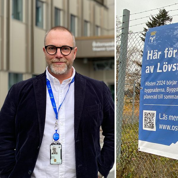 Delad bild. Till vänster kommundirektör Anders Wennerberg. Till höger en informationsskylt som annonserar byggandet av Lövsta skola. Skylten förklarar att bygget planeras att påbörjas 2024 med en slutförande tidpunkt sommaren 2025. På skylten finns också en översiktsbild av området där skolan ska byggas.