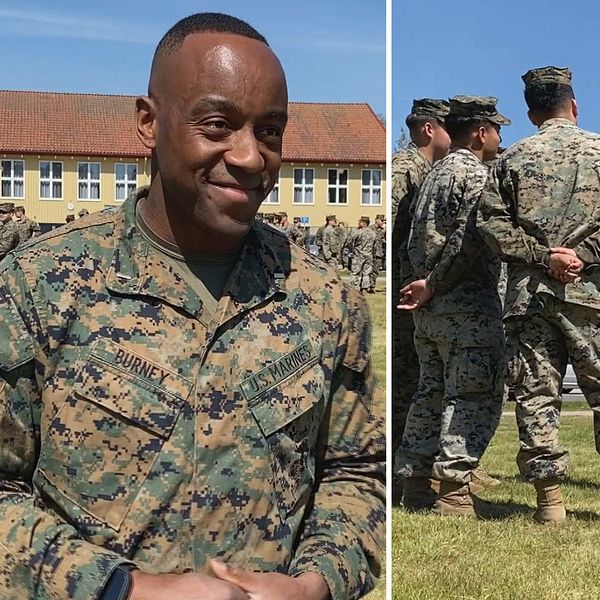Delad bild. Till vänster: Amerikanska soldaten Kevaughn Burney klädd i militärkläder. I bakgrunden syns ett gult hus. Till höger: Fyra amerikanska soldater står i en ring och pratar med varandra, en bit bort står en femte soldat med armarna i midjan.
