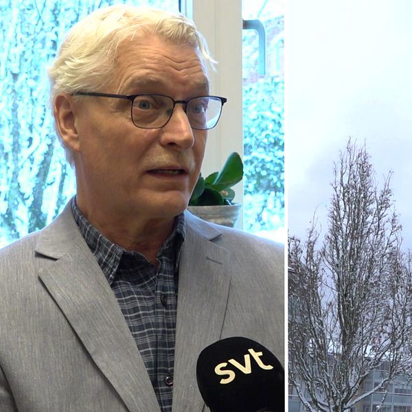 Utbildningscentrums rektor Håkan Persson intervjuas av SVT, till höger syns en flagga på halv stång vaja utanför skolan.