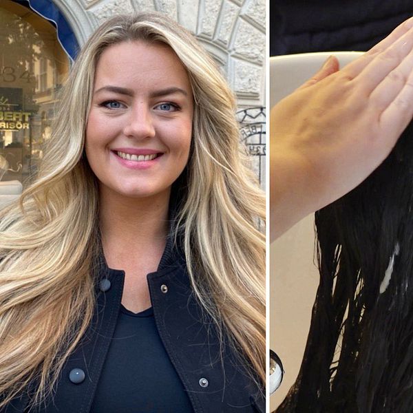 En delad bild som visar två scener. Den vänstra sidan visar en person med långt, ljust hår som står utomhus. Den högra sidan visar en hand som applicerar hårprodukt på en person som ligger med huvudet bakåt i en frisörstol, där vattnet rinner i håret.