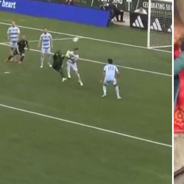 Delad bild. Till vänster: fotbollsspelare vid målchans. Till höger: spelare kramar supporter.