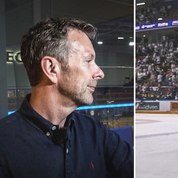 Andreas Gärdsback vid hockeyrink med Leksands IF-spelare i bakgrunden