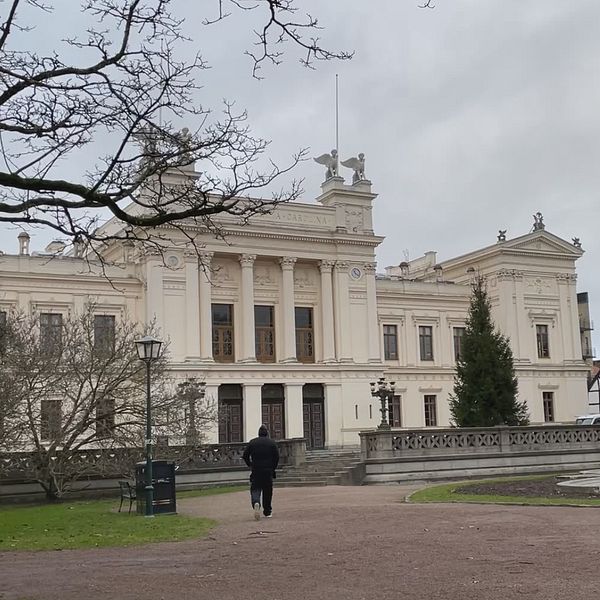 Tvådelad bild. Vänster: Lunds Universitets byggnad. Höger: Person som intervjuas. Mikrofon med SVT-logga.