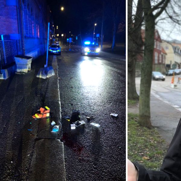 En delad bild som visar två scener relaterade till en incident. Den vänstra delen visar en mörk gata med blåljus från en polisbil och föremål som ligger på vägbanan, vilket indikerar en pågående utredning. Den högra delen visar en reporter som står med en mikrofon, omgiven av byggnader och ett urban miljö, vilket antyder att hon rapporterar om händelsen.