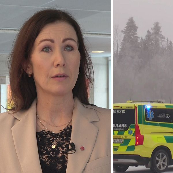 Katarina Nyberg Finn (S), kvinna med mörkt lång hår och beige kavaj. Till höger en bild med ambulans och ambulanshelikopter på en olycka.