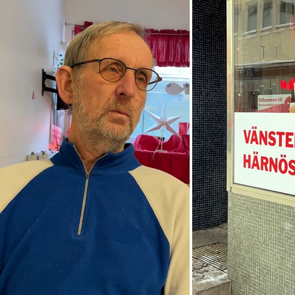 Vänsterpartiets gruppledare Åke Hamrin och en bild på fasaden till Vänsterpartiets lokal i Härnösand.