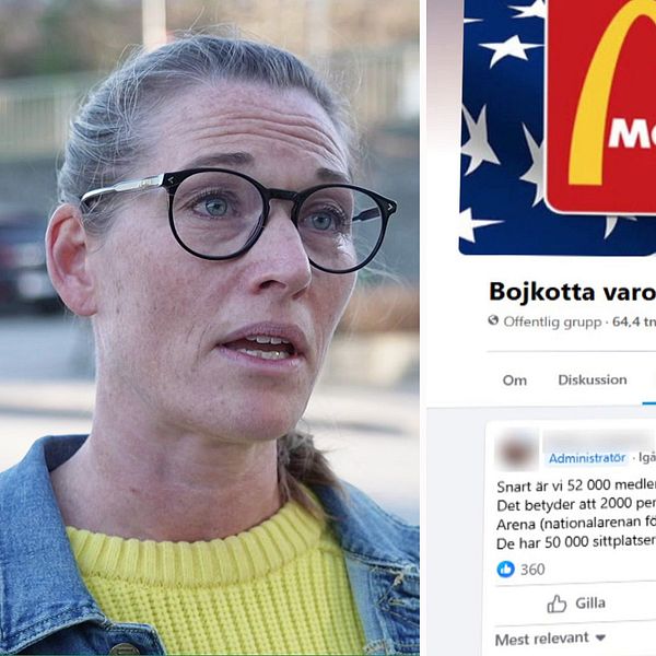 Tvådelad bild. Vänster: en person. Höger: kampanj för att bojkotta amerikanska varor.