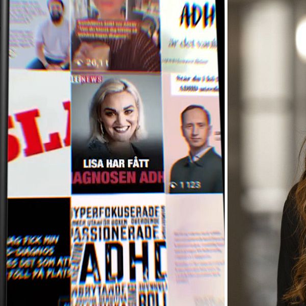 Lisa Naeslund, utredaren bakom kartläggningen, i studio med tidningsomslag om adhd och autism