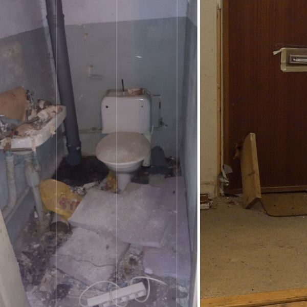 En toalett som behöver renoveras och en reporter som står och väntar utan för en lägenhetsdörr.