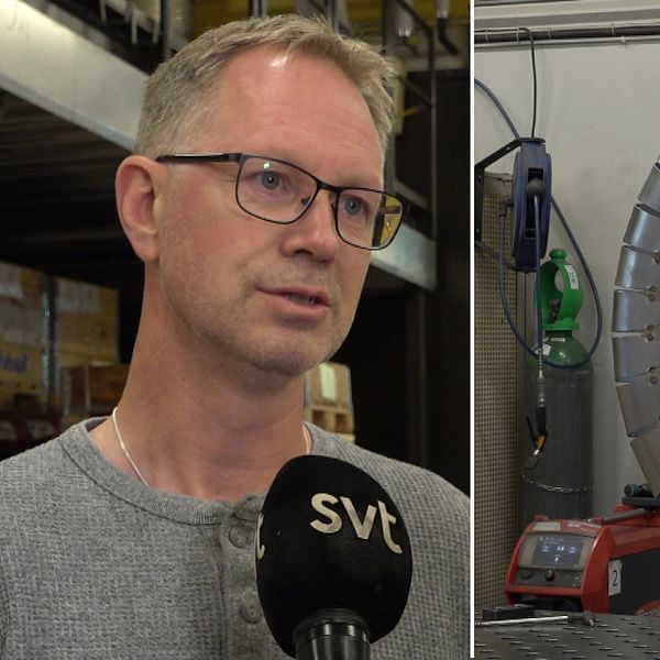 Två bilder. Håkan Lindh på Vestre i Torsby och en svetsare som svetsar bakom ett stort ”hjul”
