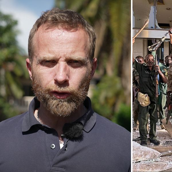 Vänster: SVT:s Afrikakorrespondent Johan Ripås. Höger: Sudans militär i presidentpalatset.