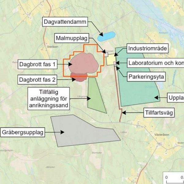 Karta över planerat gruvområde Oviken samt bild från samrådsmöte