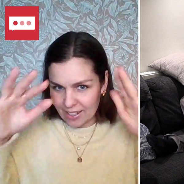 I bild till vänster: återhämtningsforskaren Lina Ejlartsson som gestikulerar. I bild till höge: en man som ligger på en soffa och läser en bok.
