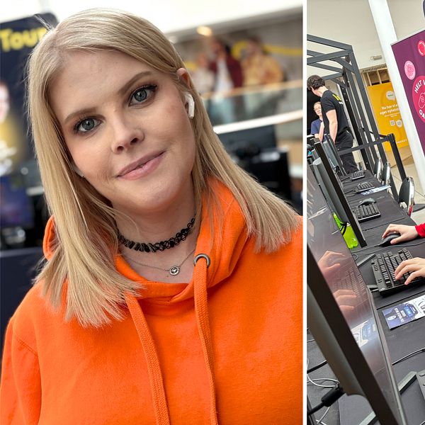 Dubbelbild. Vänster: Person i orange hoodie. Höger: Två personer vid datorer.
