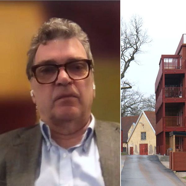 Man med glasögon vänster hus till höger