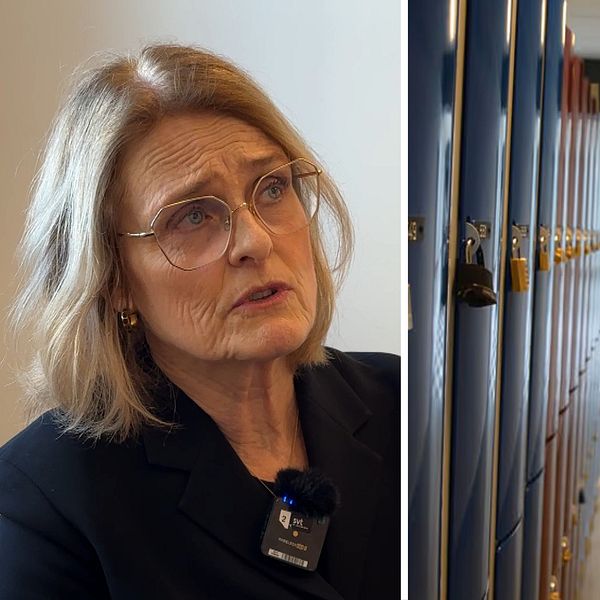Delad bild: Till vänster syns en äldre person iklädd mörk kavaj med ett namnbricka på bröstet. Till höger visas en skolhall med rad av blå skåp och personer som går längs korridoren i bakgrunden.