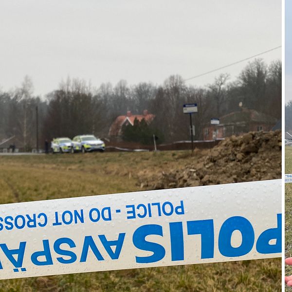 Delad bild. Vänster: polisavspärrning vid landsväg. Höger: Reporter står vid avspärrning.