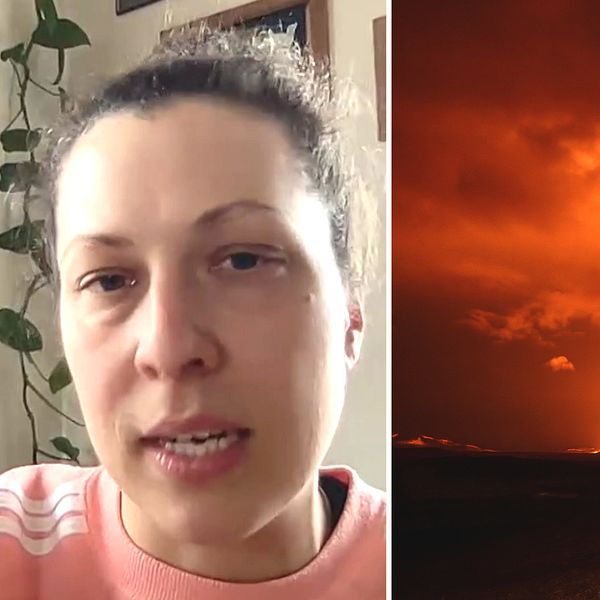 Kvinna som sitter och tittar in i kameran. Vulkanutbrott som syns i horisonten, i förgrunden syns en väg.