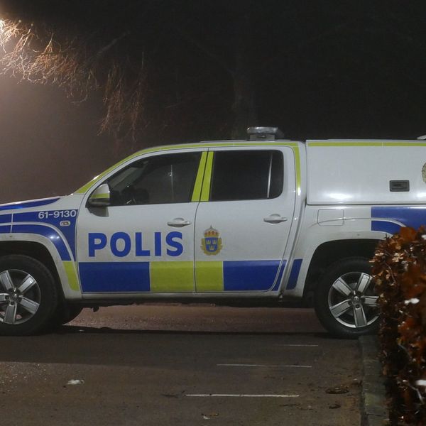 Tvådelad bild. Vänster: polisbil parkerad. Höger: starkt ljus i tät dimma.