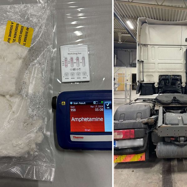 påsar med vitt pulver ligger staplade på en bokhylla, en lastbil utan släp står fotad bakifrån