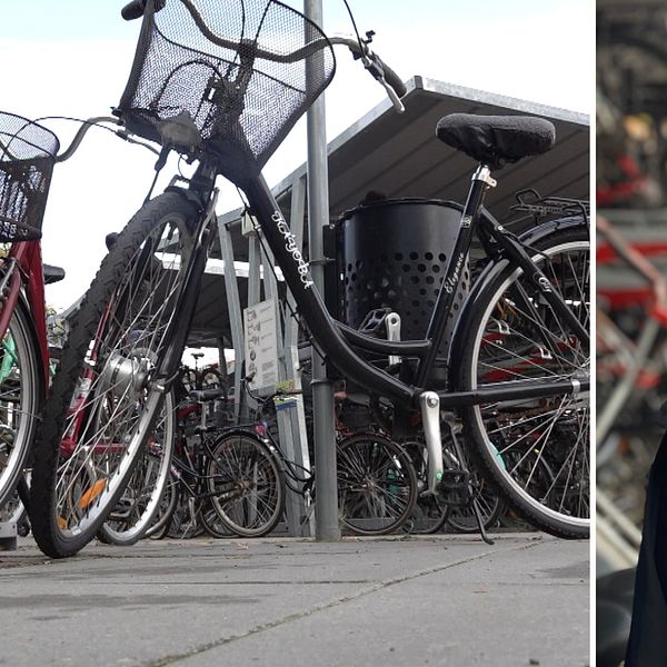 Bildmontage med cykel på en full cykelparkering och kvinna som ler mot kameran.